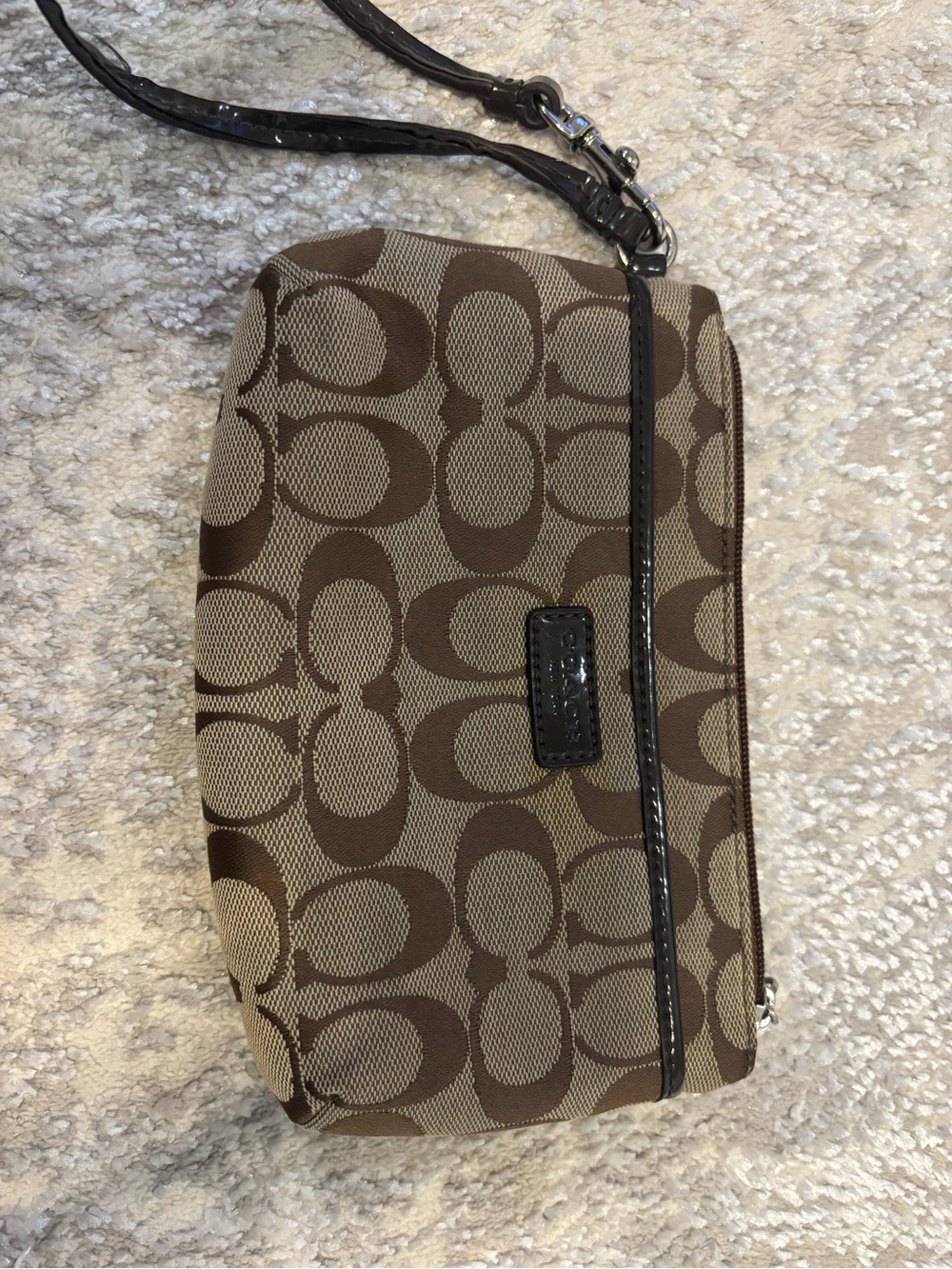 Coach Brown/Tan Signature Canvas Wristlet with Patent Trim